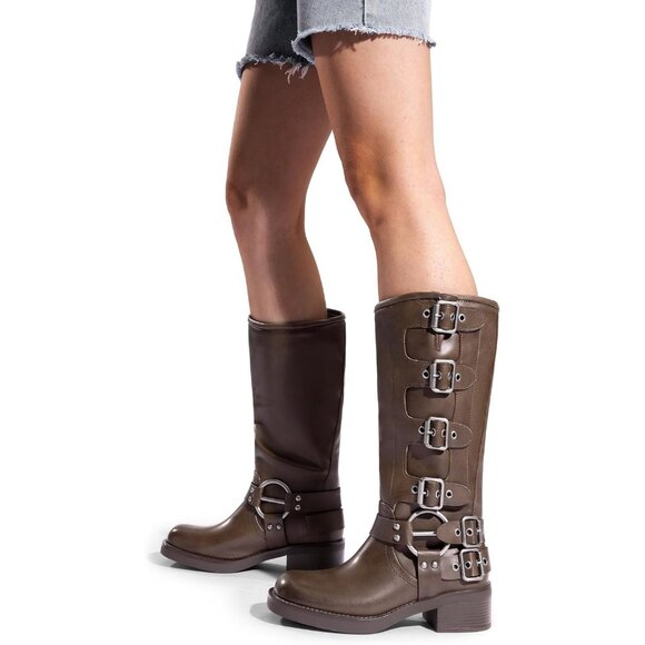 ⚡Women's Tan Polyurethane Knee High Riding Side Zipper Chunky Heel Boots - Picture 5 of 7